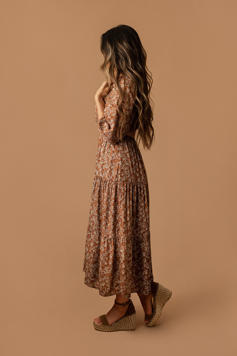 All Over Again Open Back Maxi Dress (Mocha Ditsy)