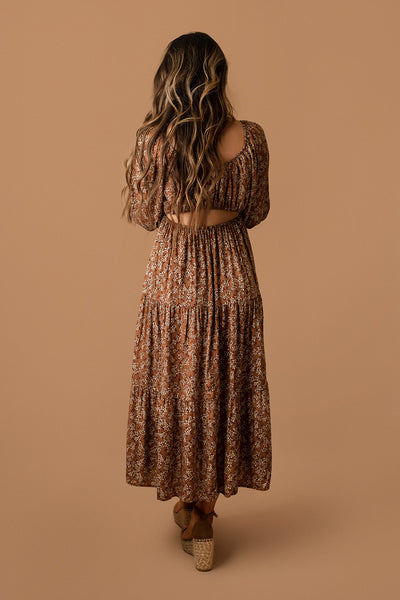 All Over Again Open Back Maxi Dress (Mocha Ditsy)