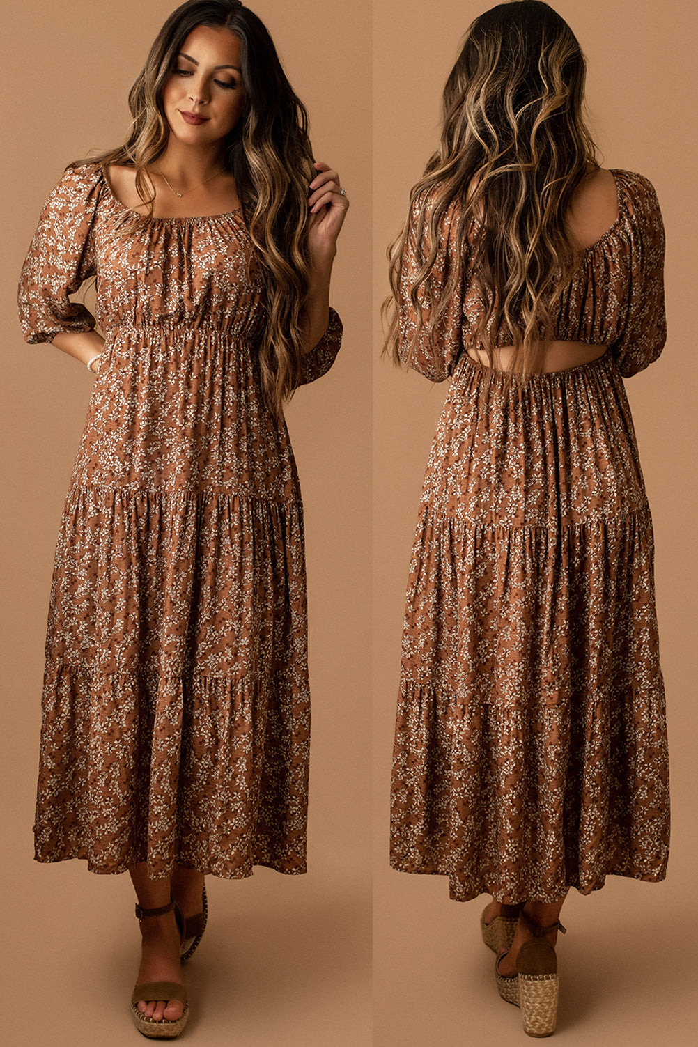 All Over Again Open Back Maxi Dress (Mocha Ditsy)