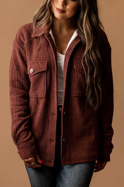 Happy For You Sherpa Lined Corduroy Shacket (Brick Burgundy)