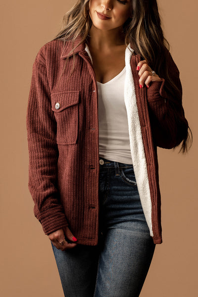 Happy For You Sherpa Lined Corduroy Shacket (Brick Burgundy)