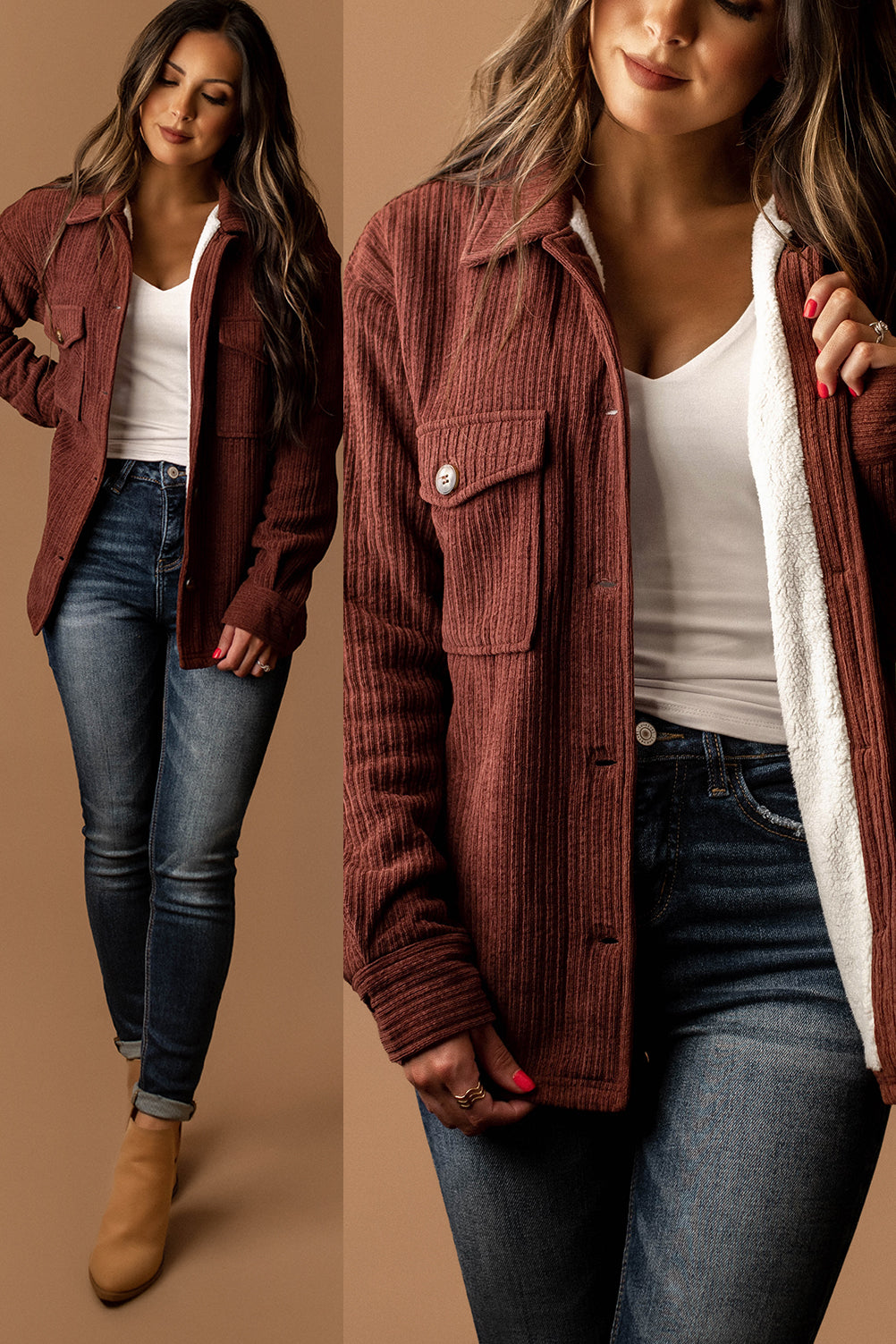 Happy For You Sherpa Lined Corduroy Shacket (Brick Burgundy)