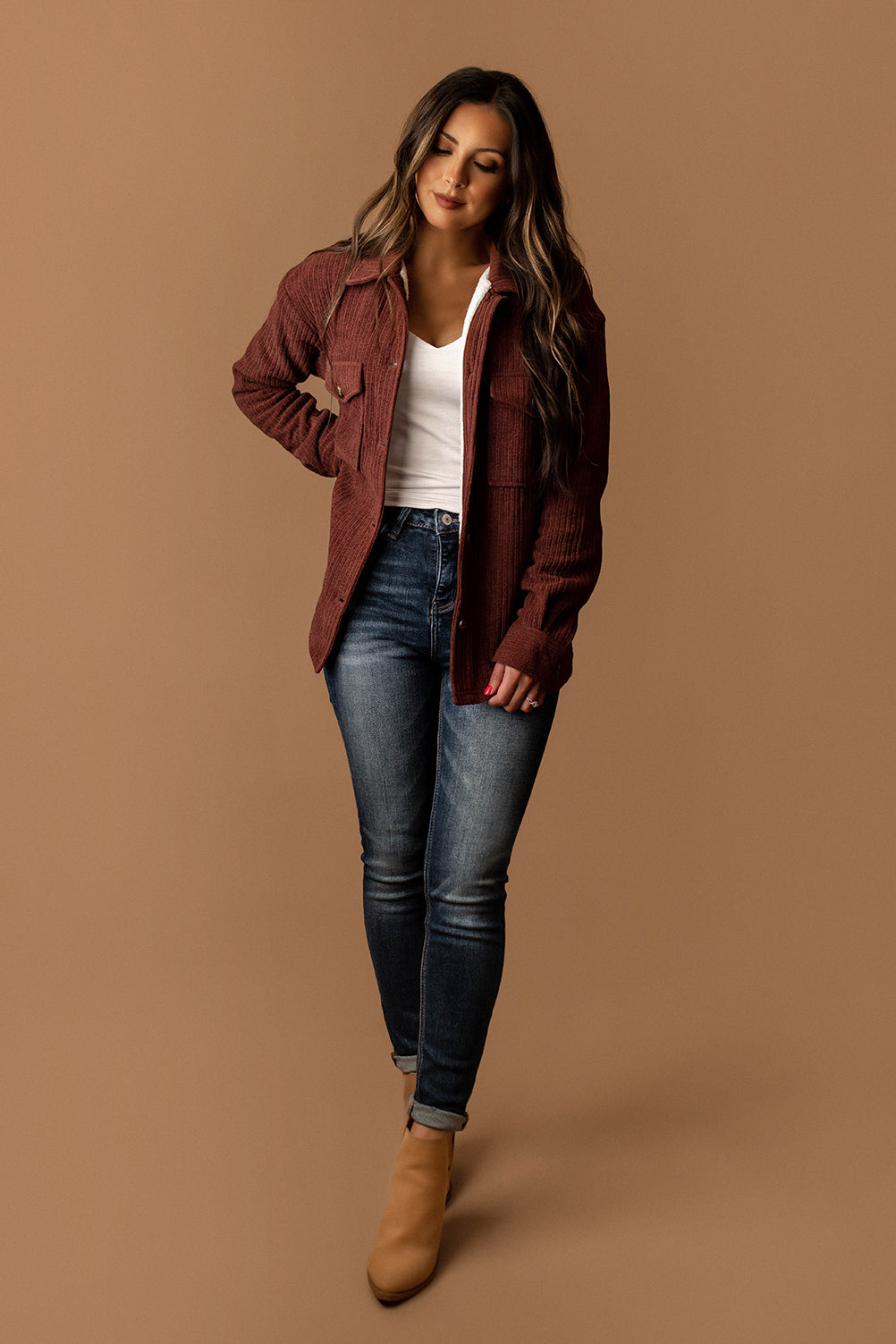 Happy For You Sherpa Lined Corduroy Shacket (Brick Burgundy)