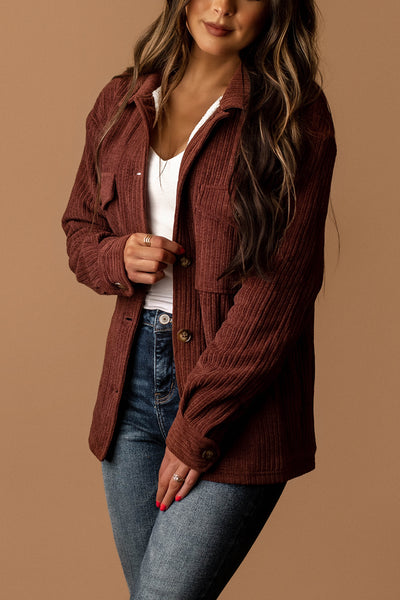 Happy For You Sherpa Lined Corduroy Shacket (Brick Burgundy)