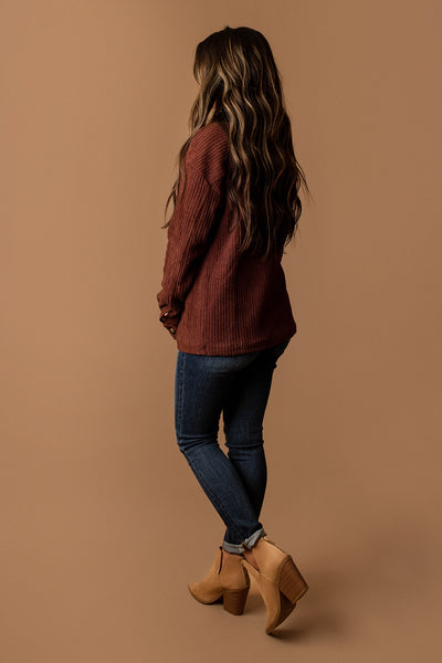 Happy For You Sherpa Lined Corduroy Shacket (Brick Burgundy)
