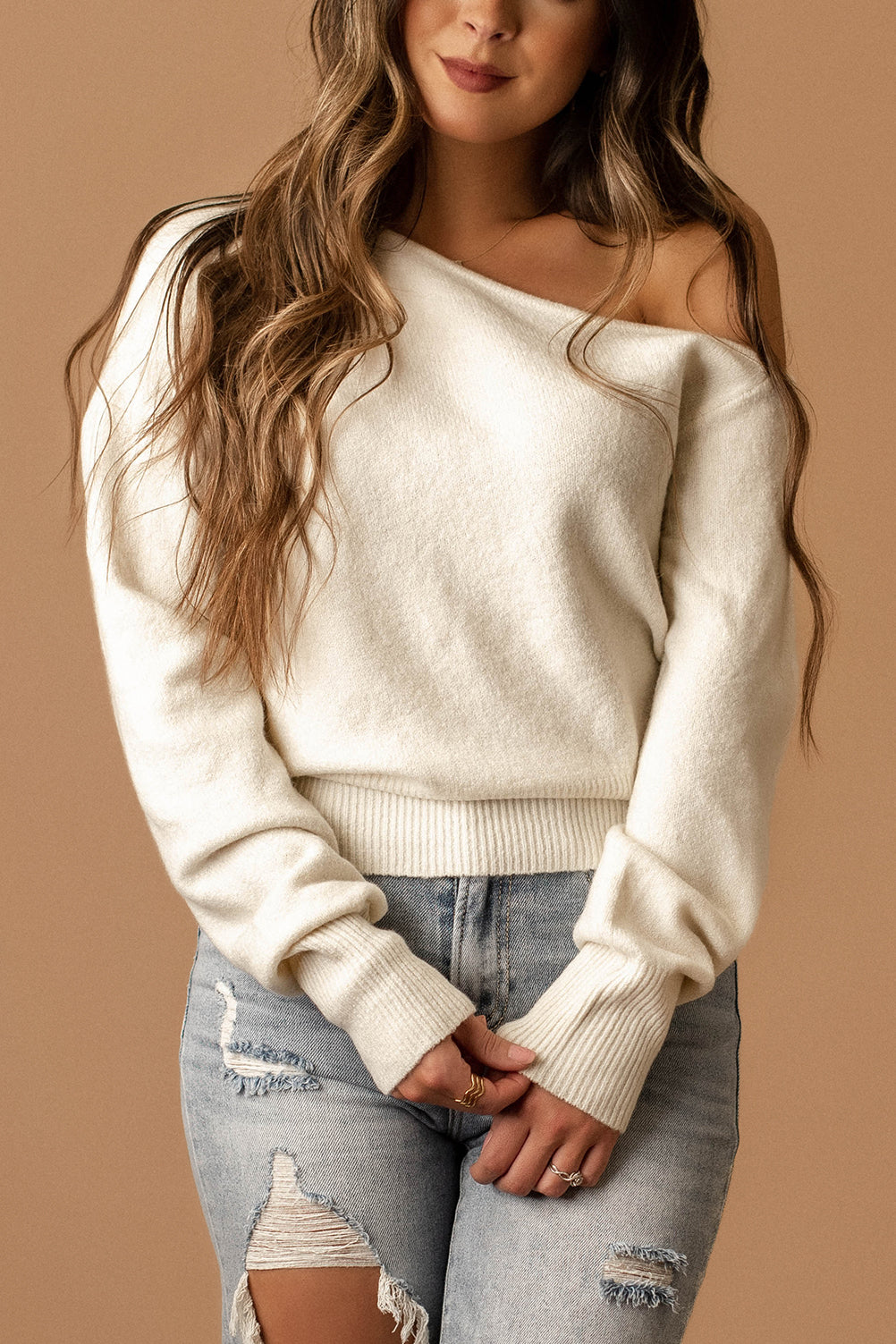 Let Go Too Soon Off The Shoulder Sweater (Taupe)