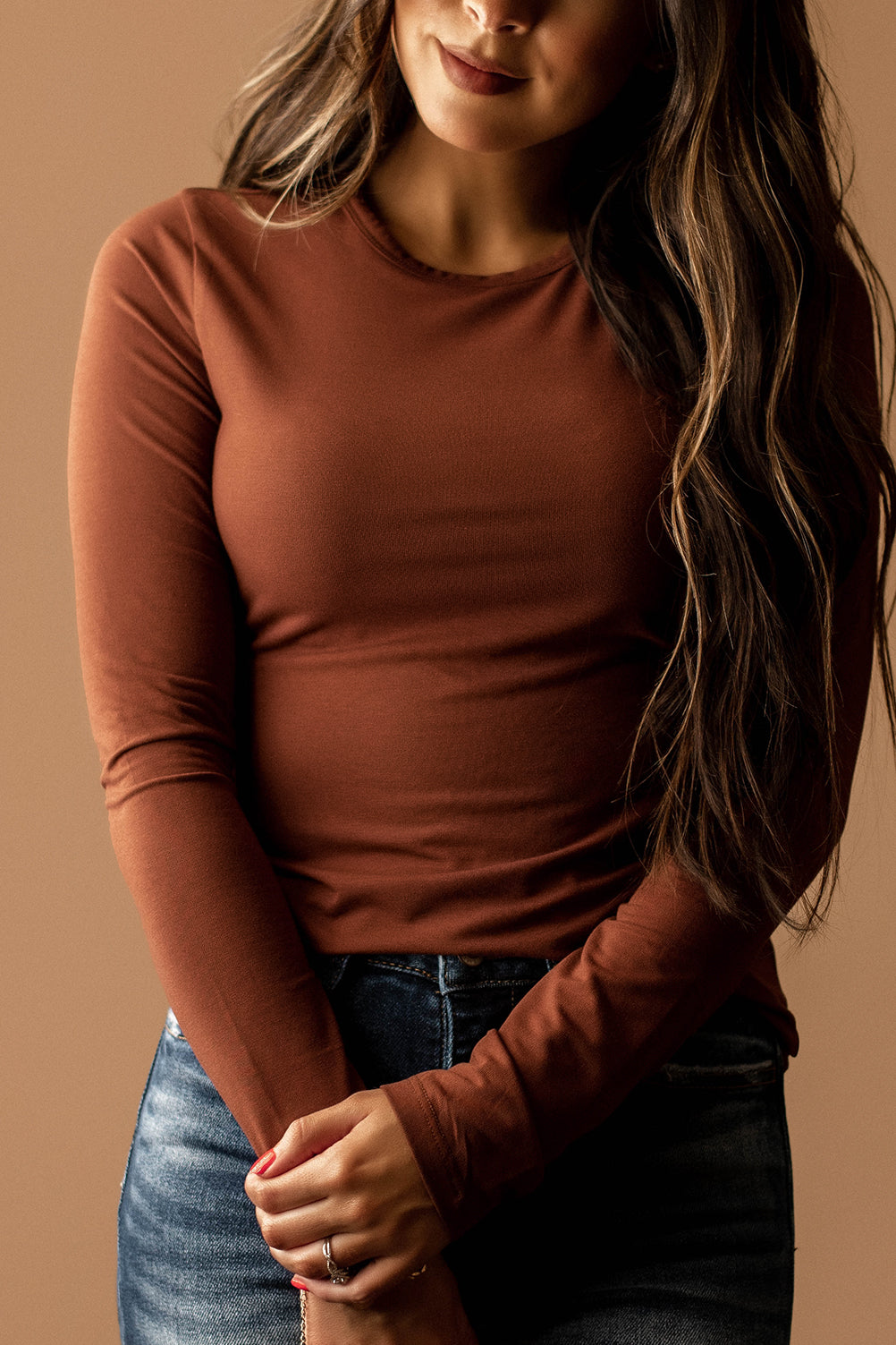 Call Me Yours Crew-Neck Long Sleeve Top (Chestnut)