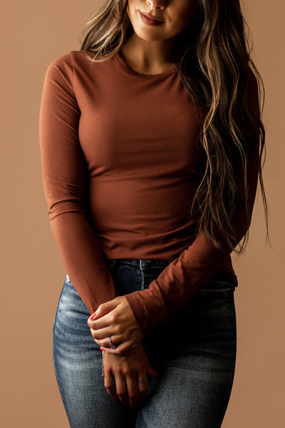 Call Me Yours Crew-Neck Long Sleeve Top (Chestnut)