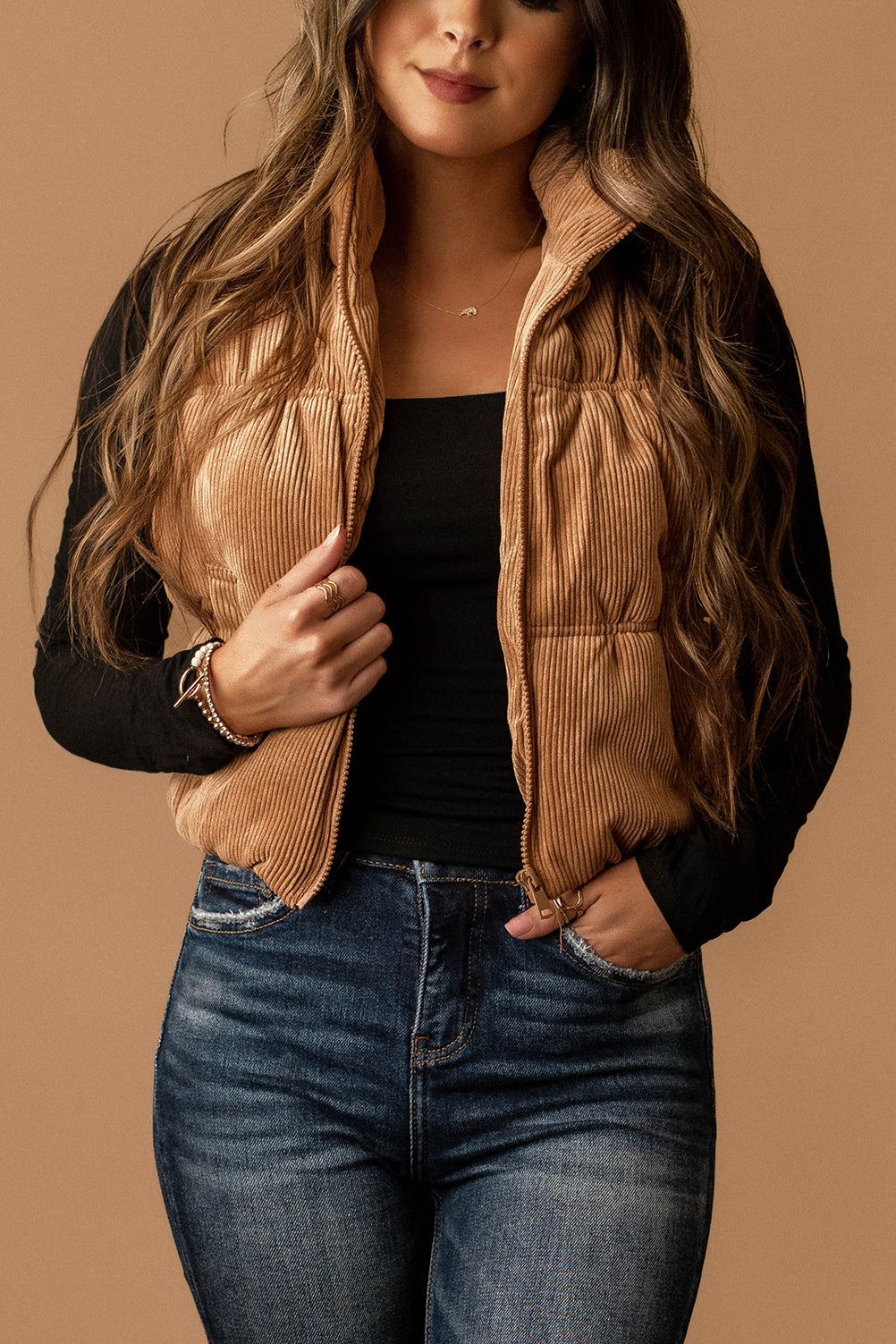 For The Best Cropped Corduroy Puffer Vest (Caramel)