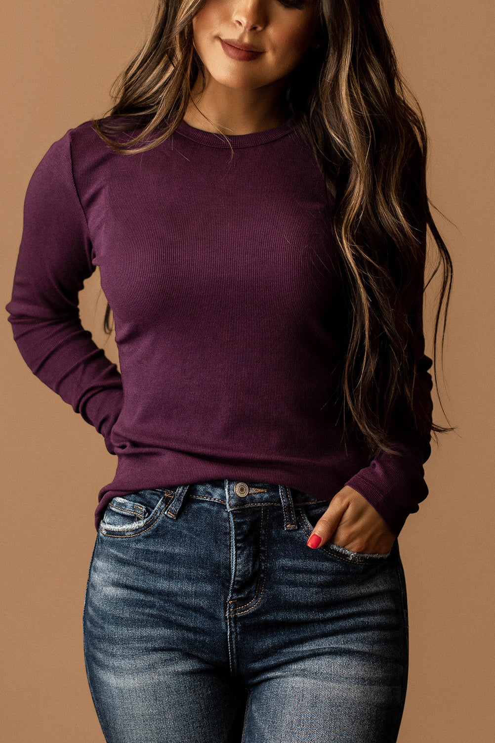 Leave Me Be Ribbed Long Sleeve Top (Dark Plum)
