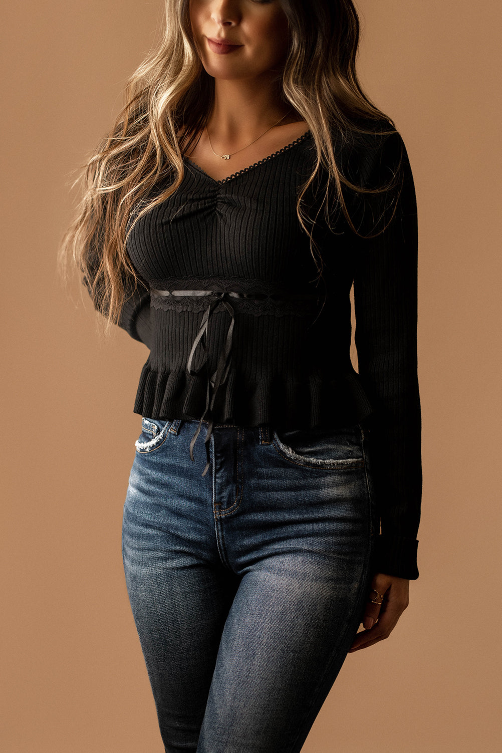 Those Nights Ribbed Long Sleeve Top (Black)