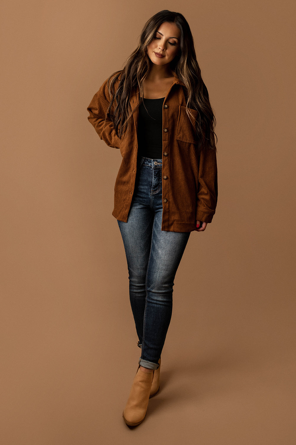 Calll Me Yours Corduroy Shacket (Rust / Camel)