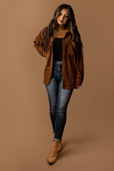 Calll Me Yours Corduroy Shacket (Rust / Camel)