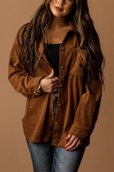 Calll Me Yours Corduroy Shacket (Rust / Camel)