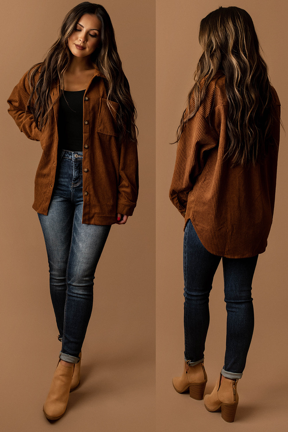 Calll Me Yours Corduroy Shacket (Rust / Camel)