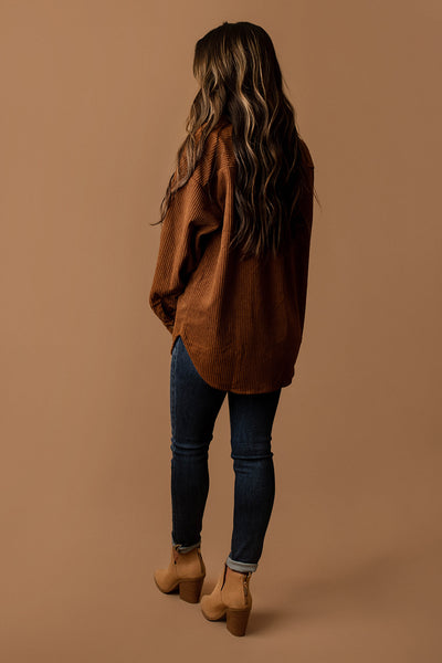 Calll Me Yours Corduroy Shacket (Rust / Camel)