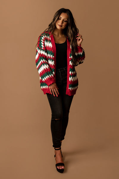 Tis The Season Chunky Knit Cardigan (Red / Hunter)