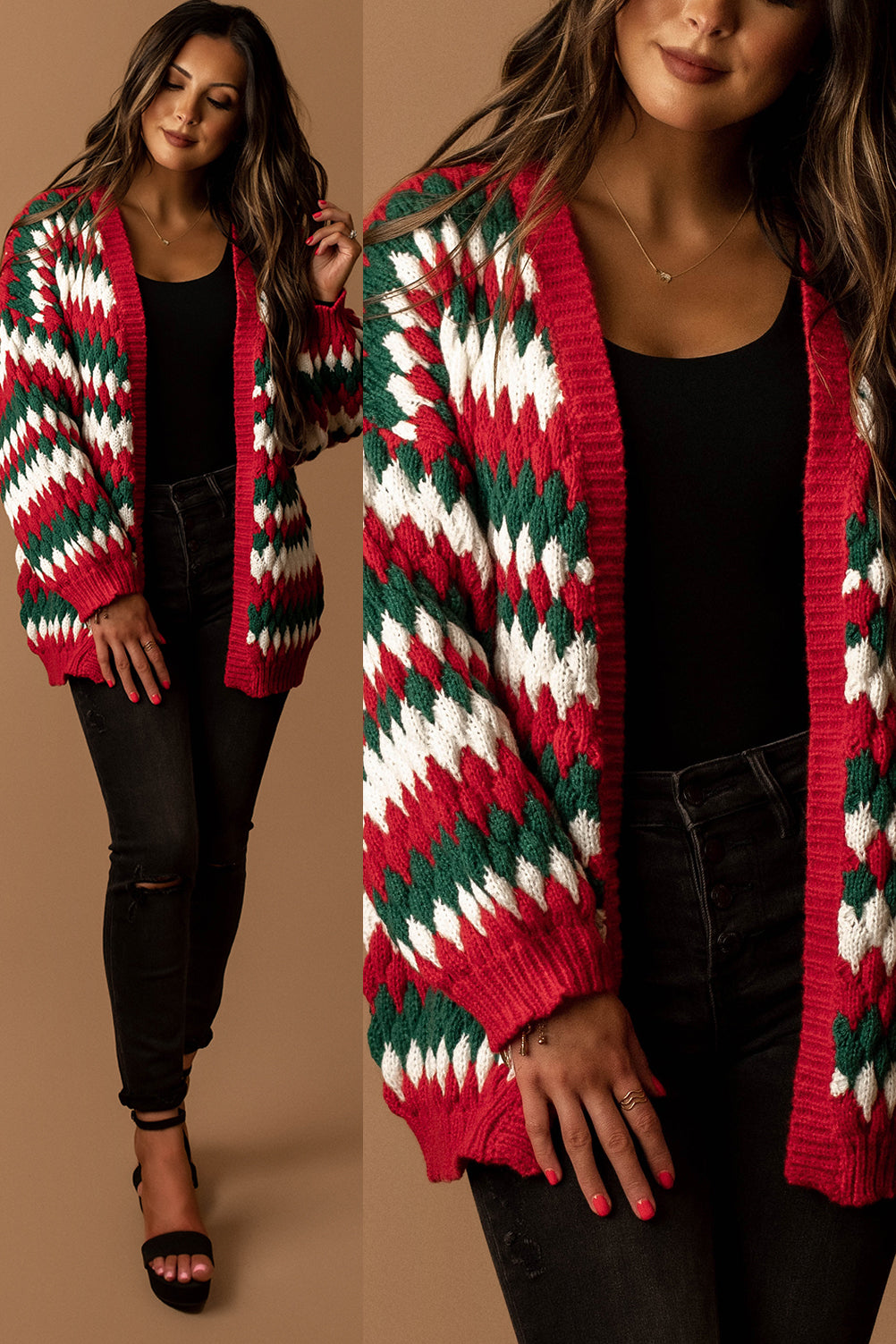 Tis The Season Chunky Knit Cardigan (Red / Hunter)