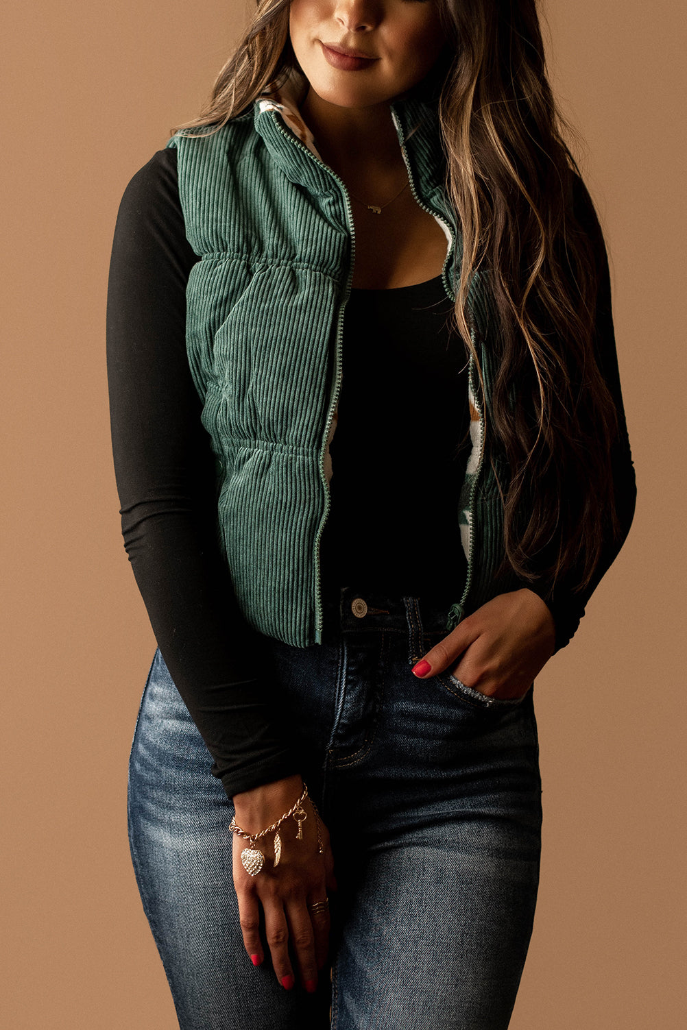 Better Together Cropped Corduroy Puffer Vest (Hunter)