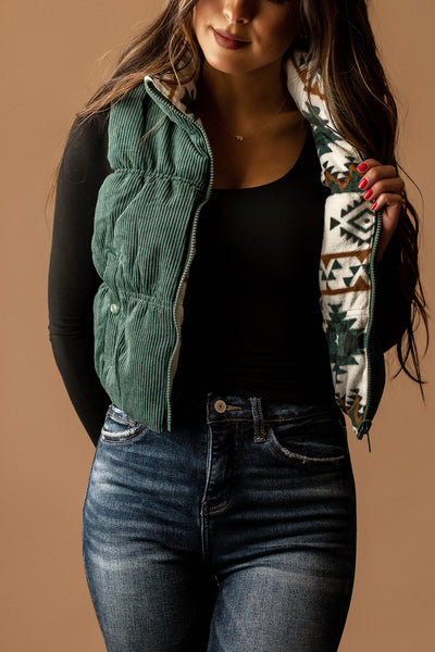 Better Together Cropped Corduroy Puffer Vest (Hunter)