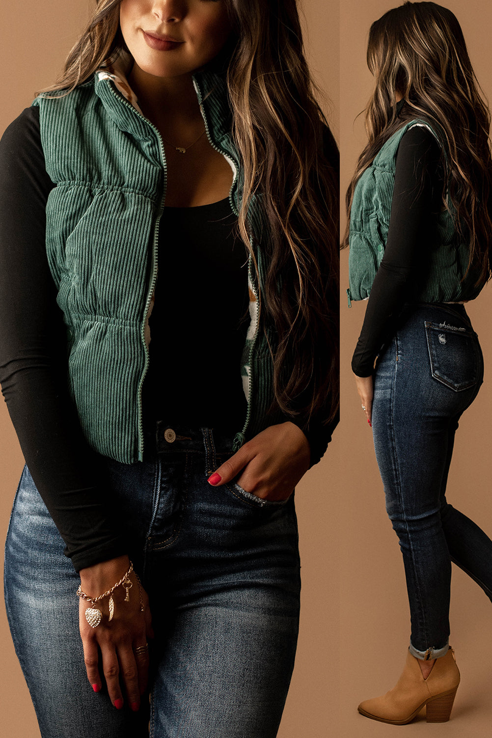 Better Together Cropped Corduroy Puffer Vest (Hunter)