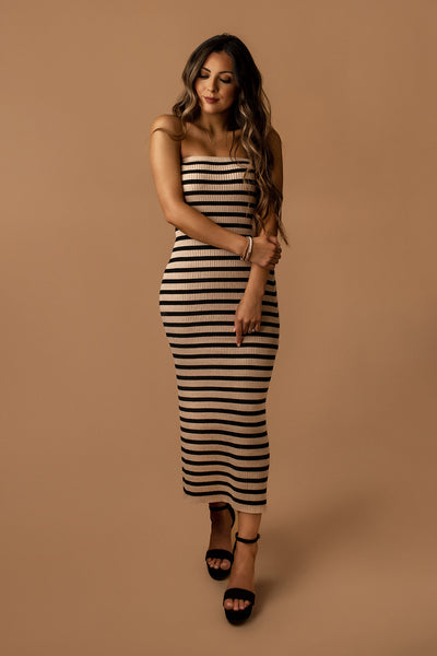 Love On The Line Striped Sweater Dress (Tan + Black)