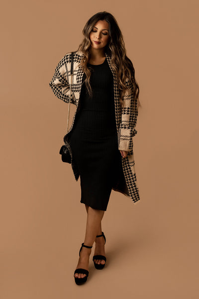 Way To Go Plaid Houndstooth Cardigan (Tan + Black)