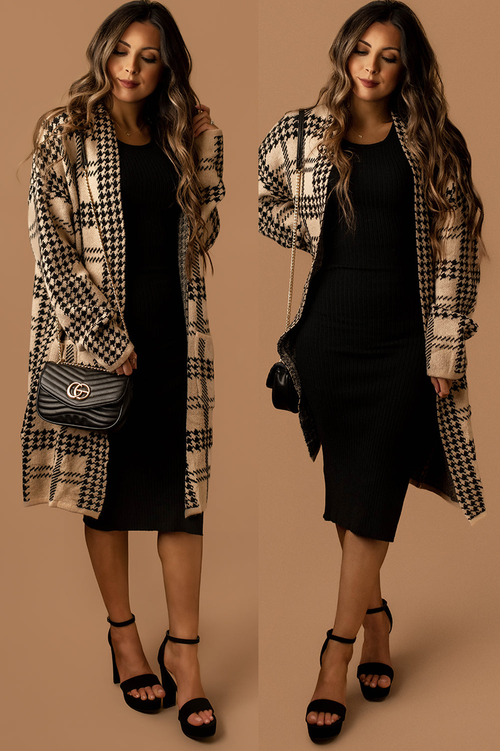 Way To Go Plaid Houndstooth Cardigan (Tan + Black)