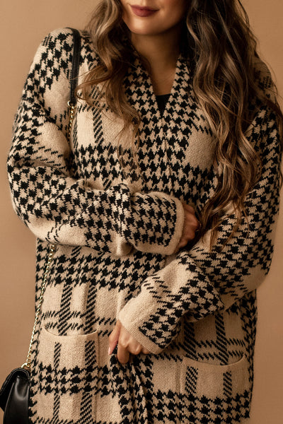 Way To Go Plaid Houndstooth Cardigan (Tan + Black)