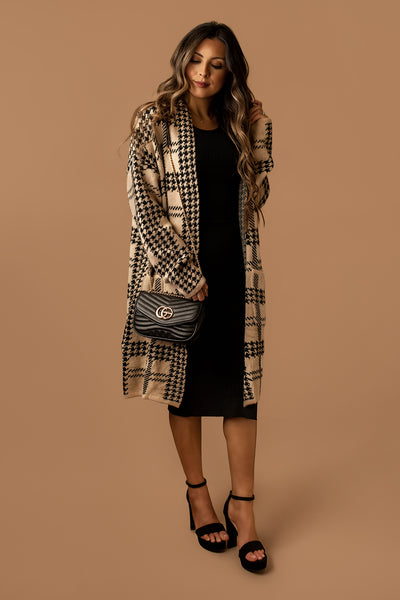 Way To Go Plaid Houndstooth Cardigan (Tan + Black)