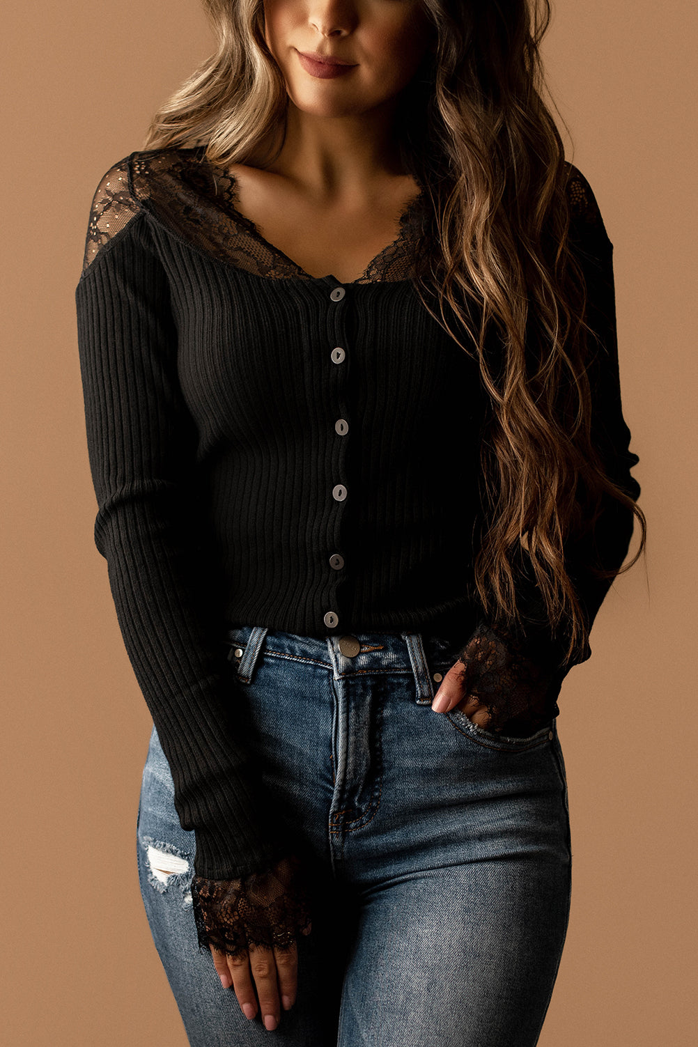 On My Mind Lace Trim Long Sleeve Top (Black) | Restocking Mid-December