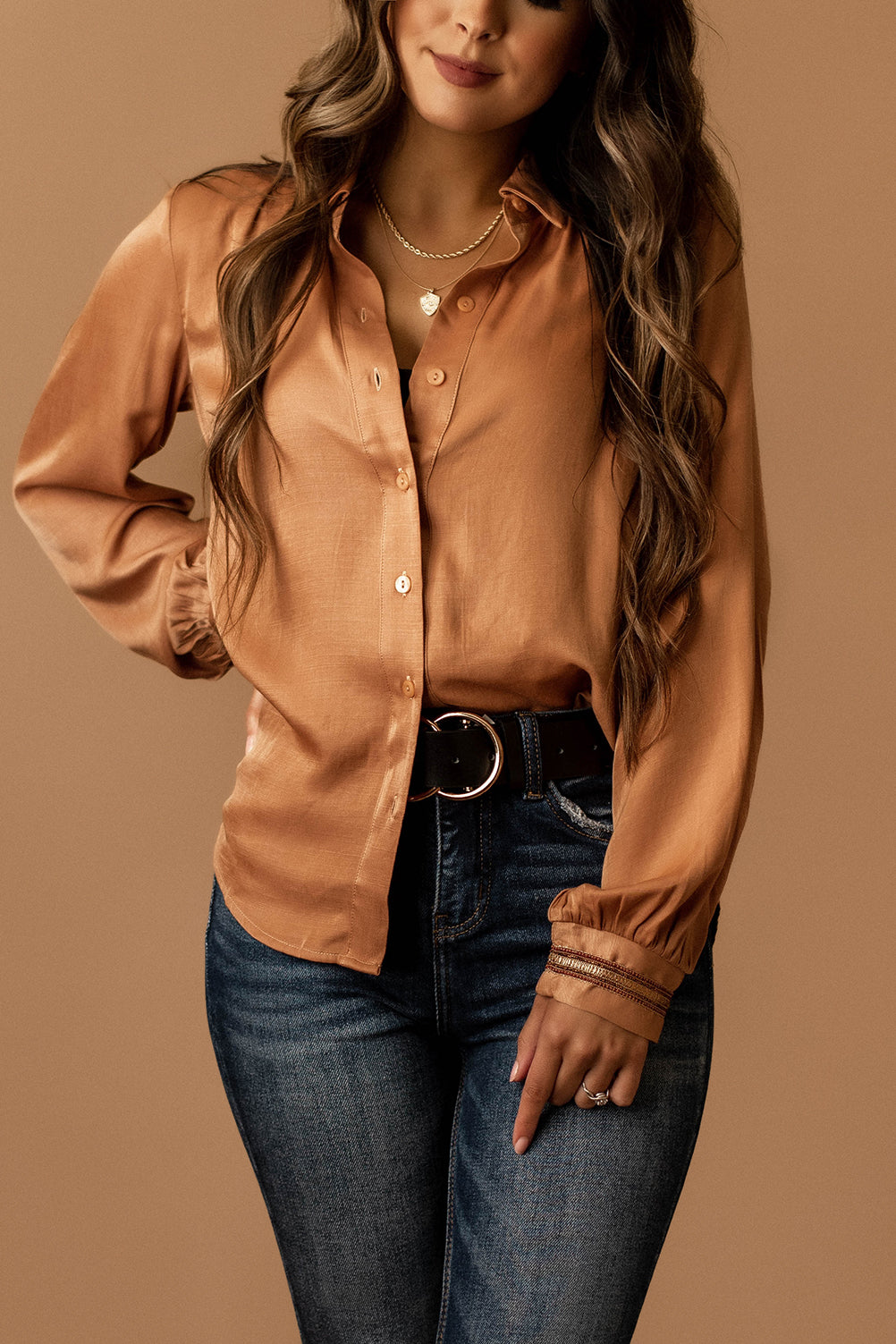 Make Your Choice Embellished Sleeve Button Up (Bronze)