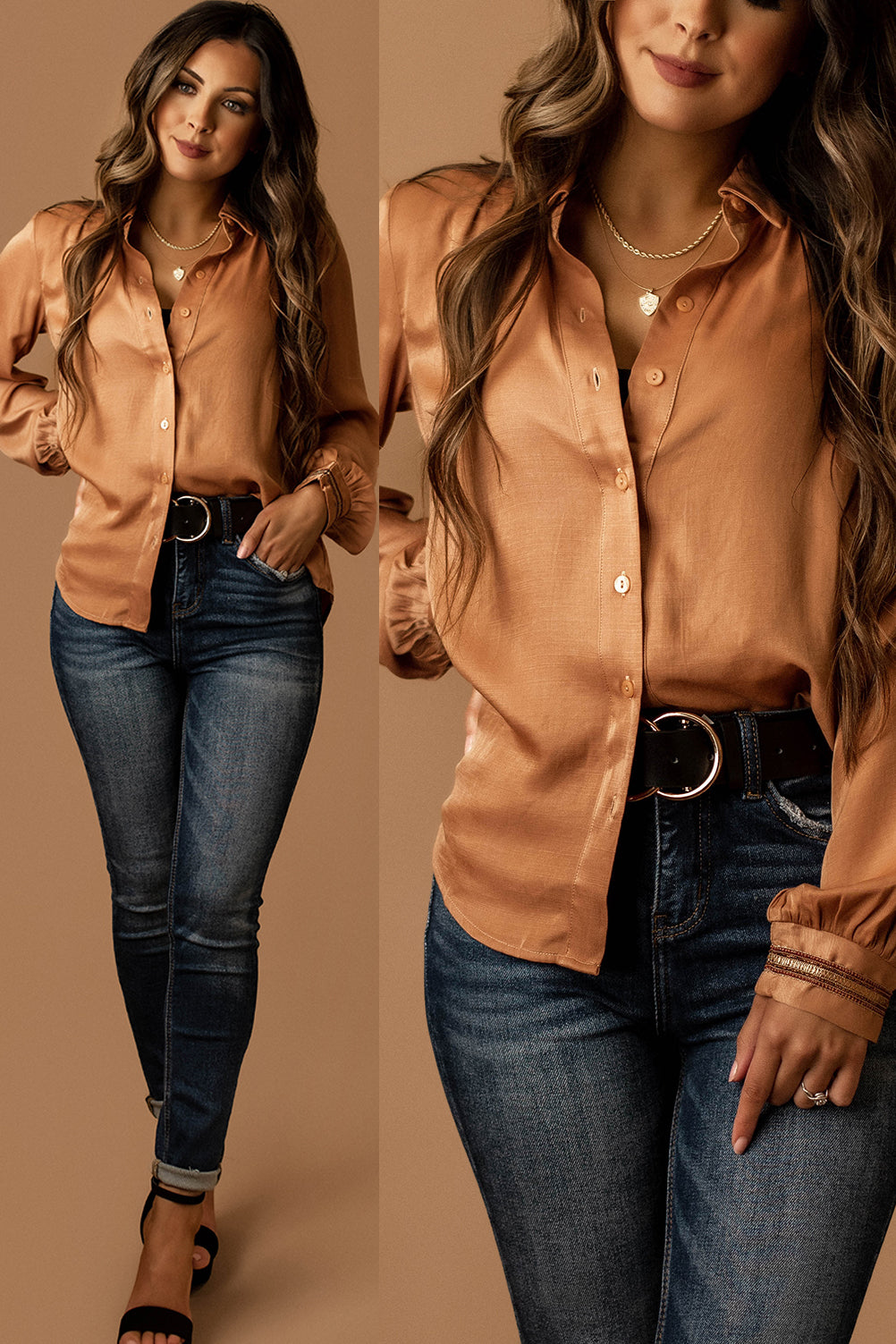 Make Your Choice Embellished Sleeve Button Up (Bronze)