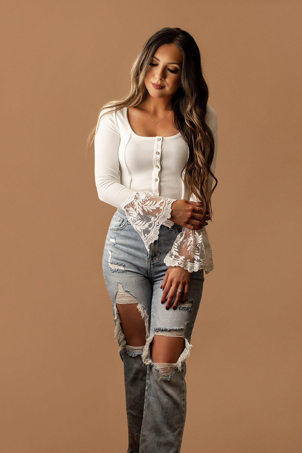 Where You Left It Lace Trim Long Sleeve Top (White) – Wild Summer