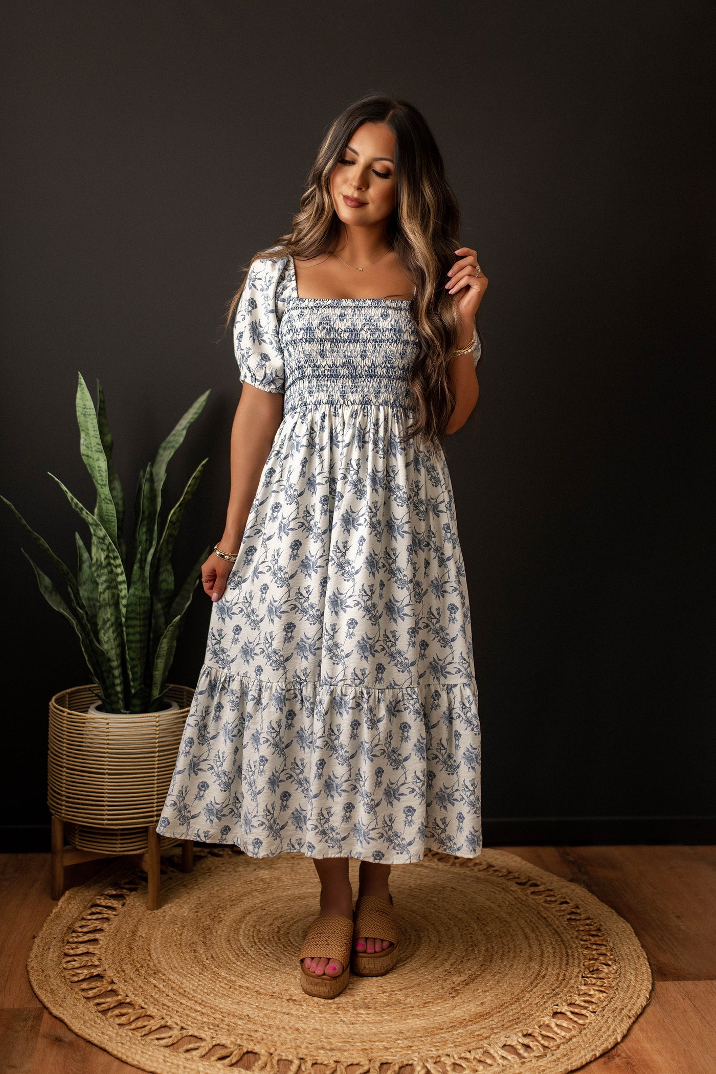 floral midi dress sale Something Blue Smocked (White / Blue) line dry Color:Blue salopette SCHL004694_B_XXL The '60s Minidress Is