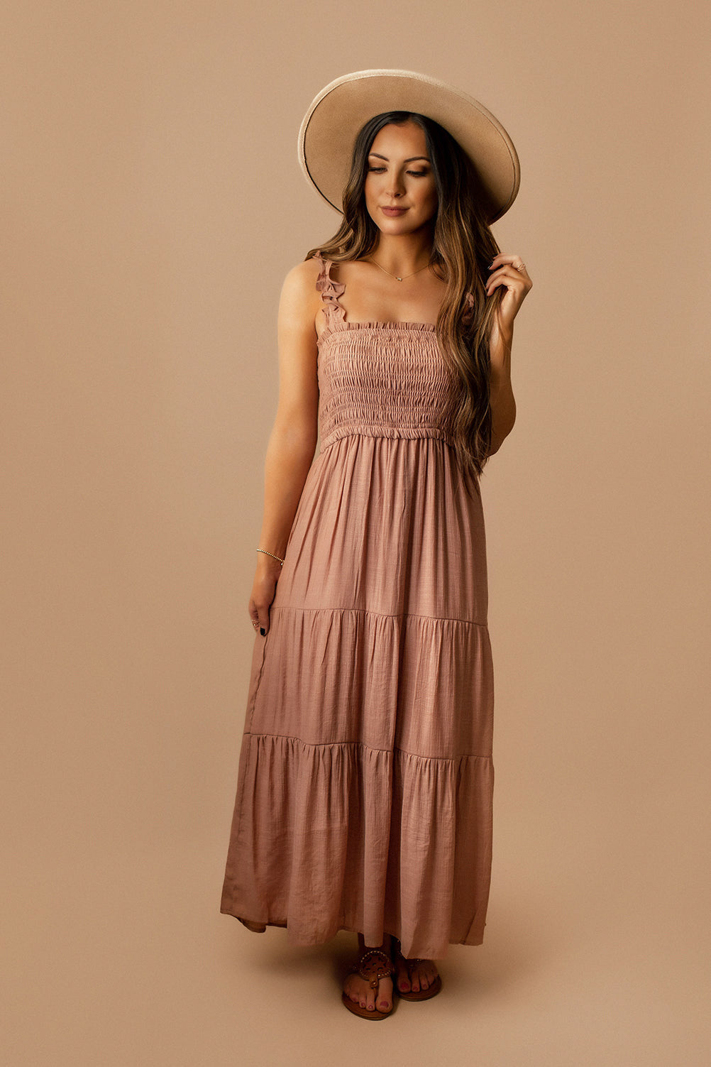 Anything But Over Ruffle Strap Tiered Maxi Dress (Dusty Rose)