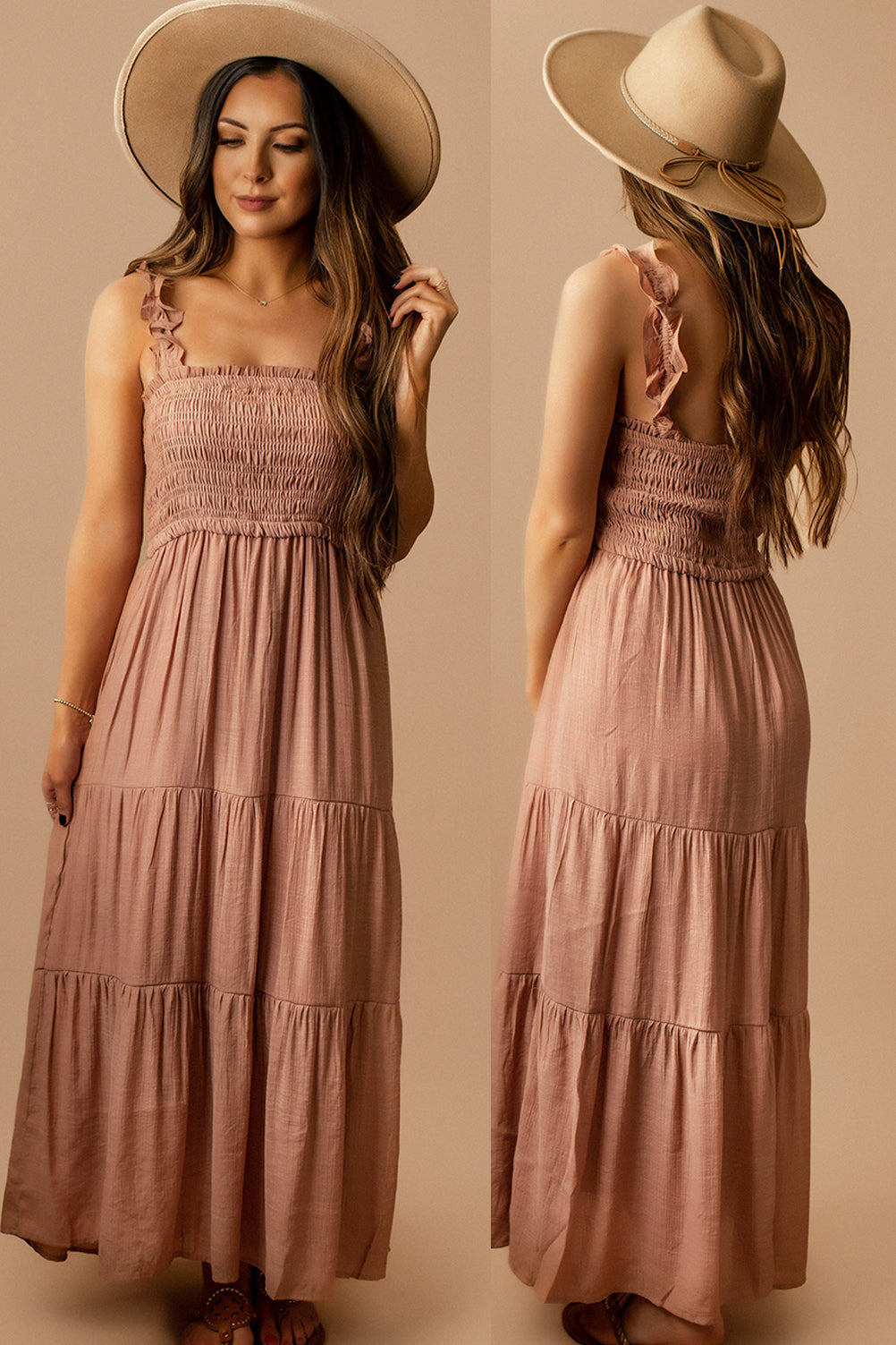 Anything But Over Ruffle Strap Tiered Maxi Dress (Dusty Rose)