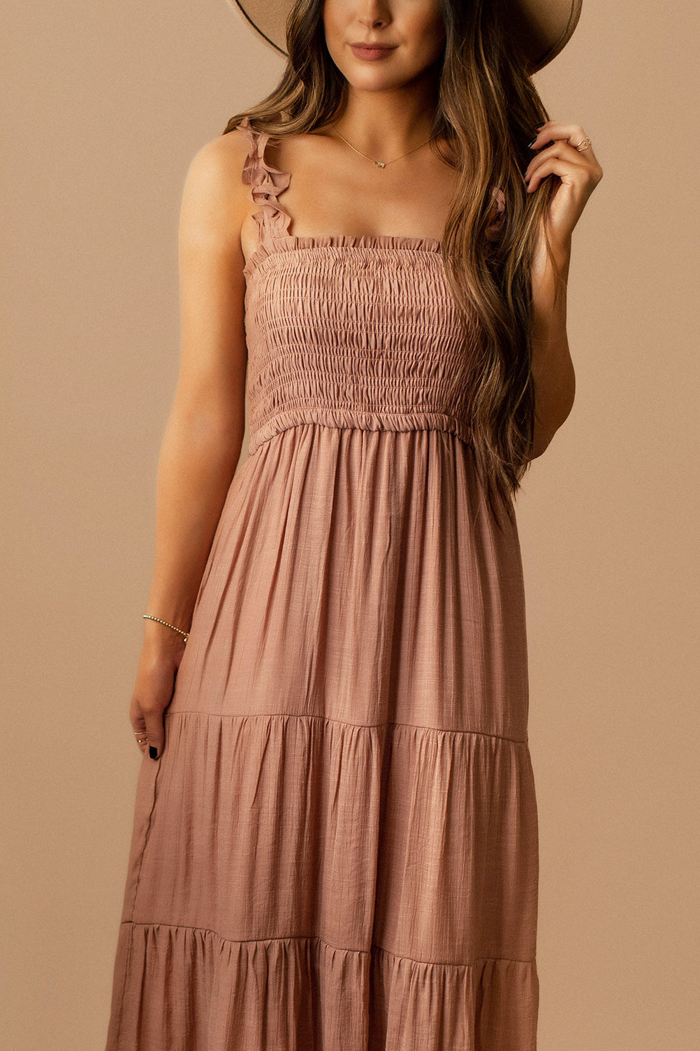 Anything But Over Ruffle Strap Tiered Maxi Dress (Dusty Rose)