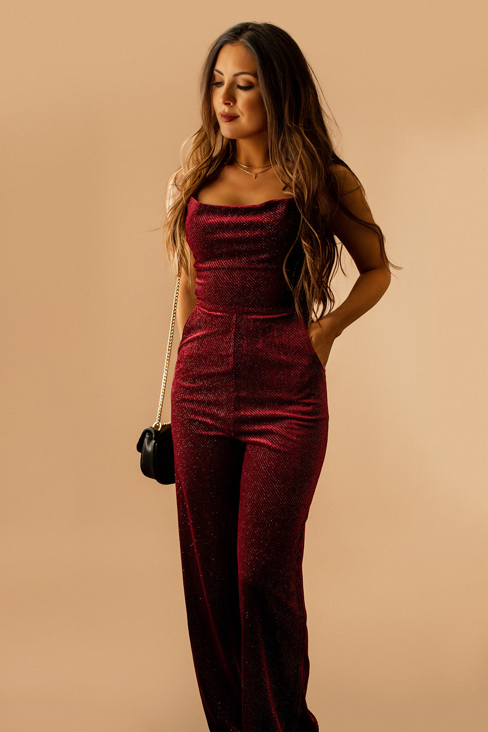 Diamonds In My Eyes Velvet Sparkle Jumpsuit (Burgundy)