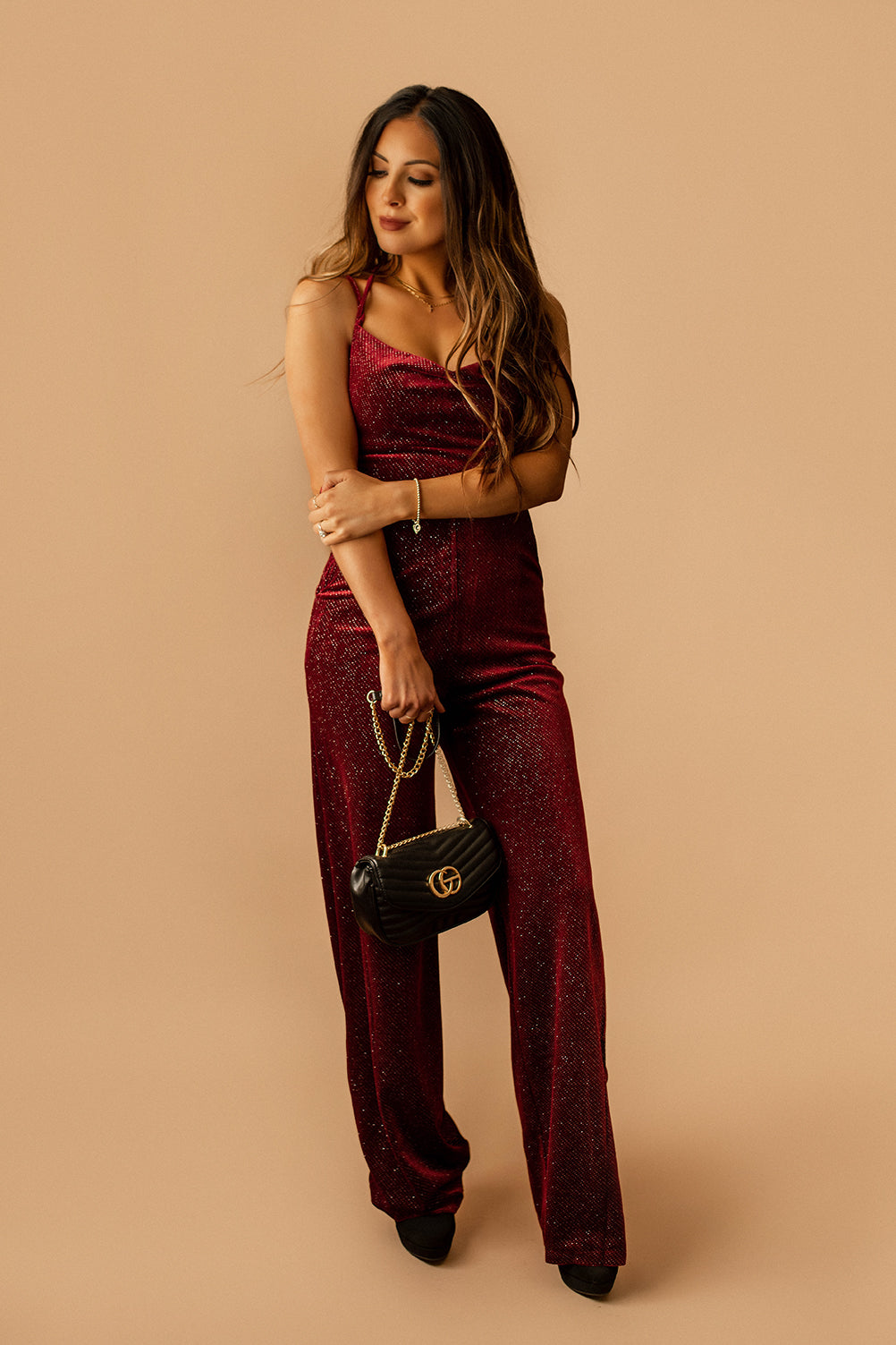 Diamonds In My Eyes Velvet Sparkle Jumpsuit (Burgundy)