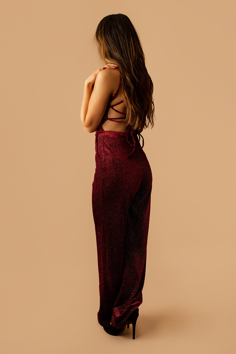 Diamonds In My Eyes Velvet Sparkle Jumpsuit (Burgundy)