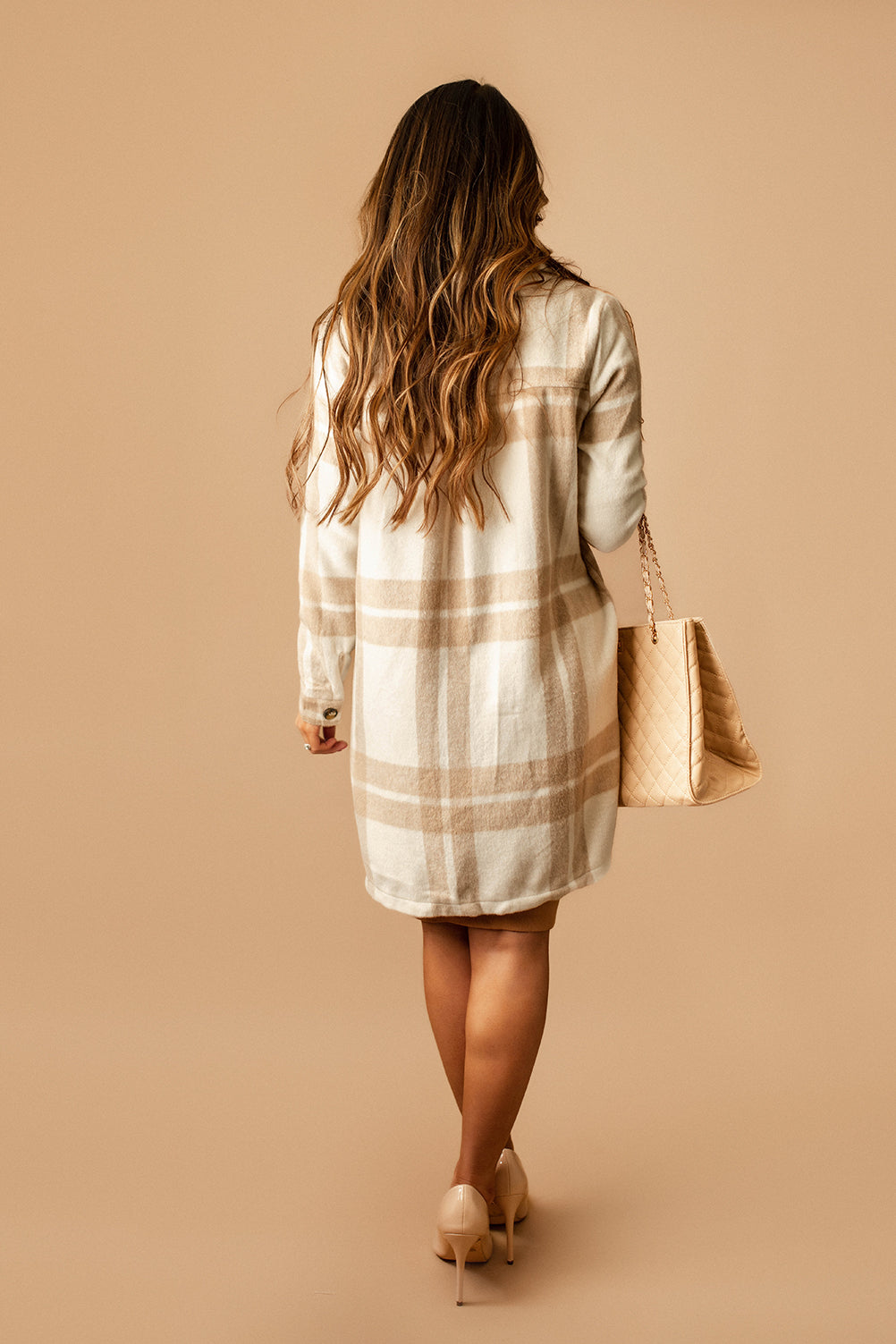 The Places We'll Go Long Plaid Shacket (White + Taupe)