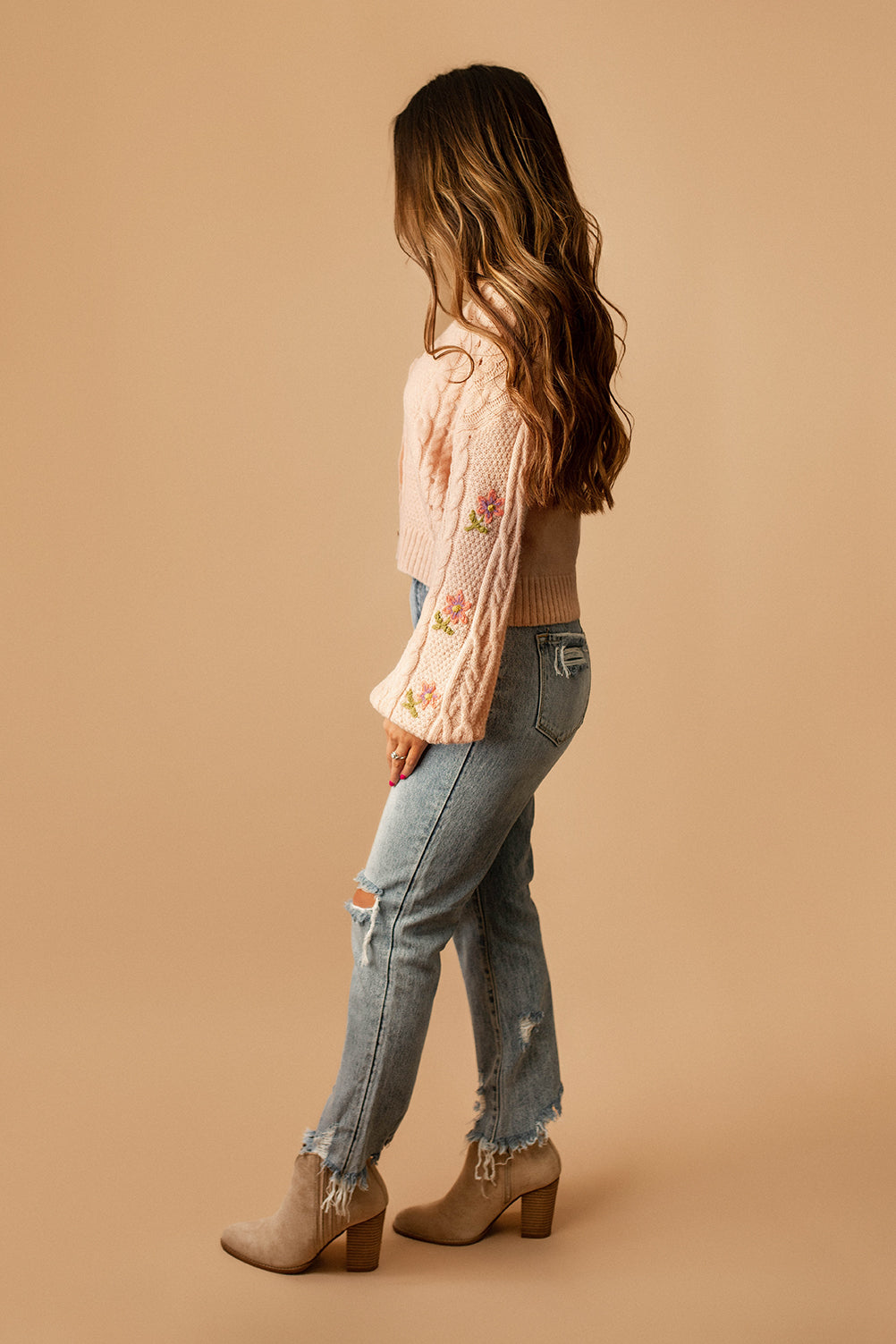 Pocket Full Of Posies Floral Sleeve Knit Cardigan (Light Pink)