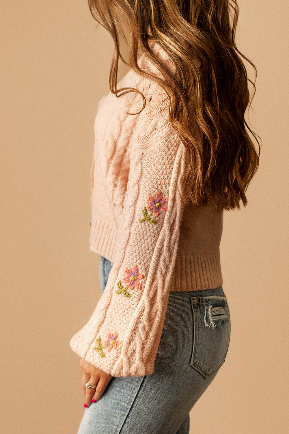 Pocket Full Of Posies Floral Sleeve Knit Cardigan (Light Pink)