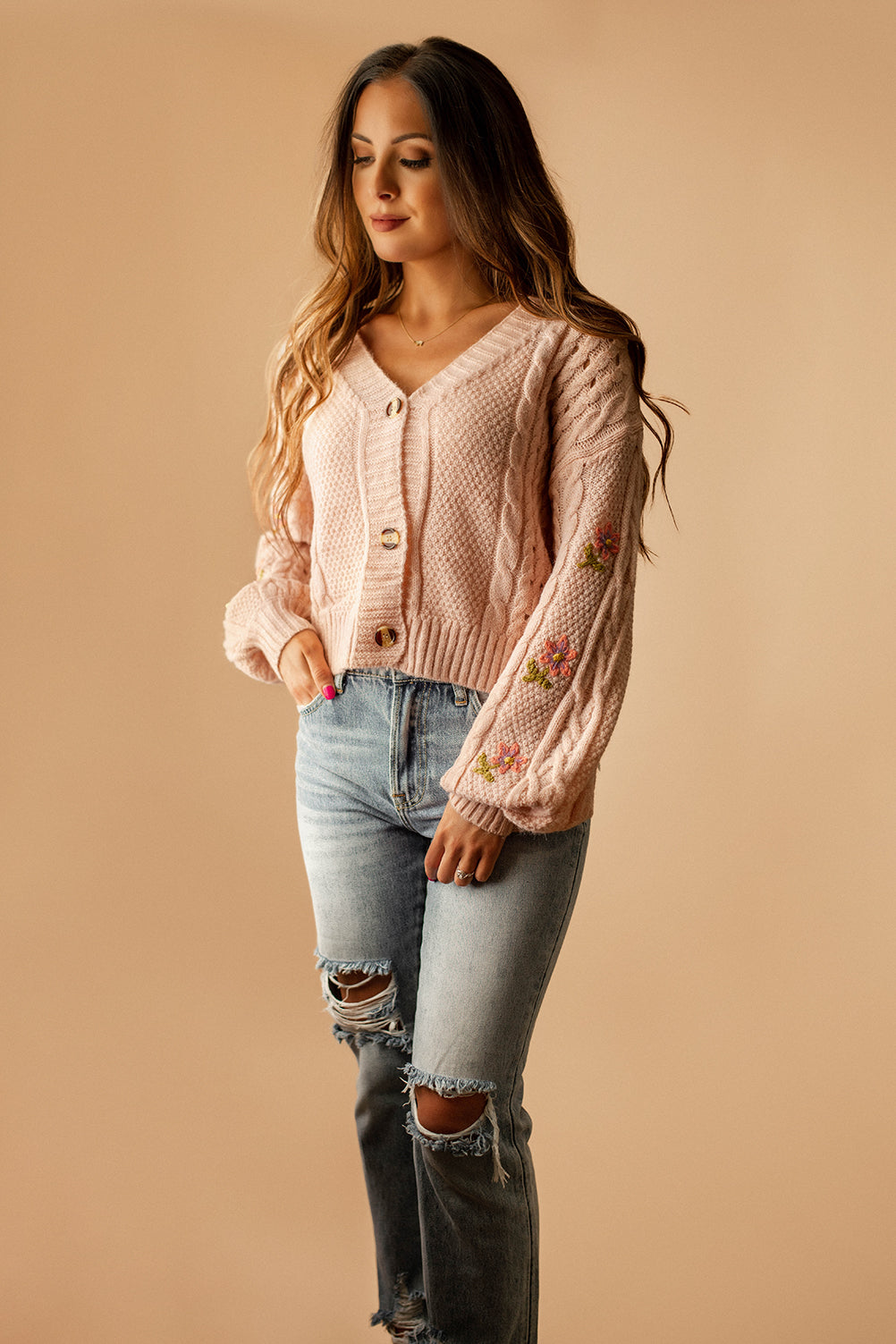 Pocket Full Of Posies Floral Sleeve Knit Cardigan (Light Pink)