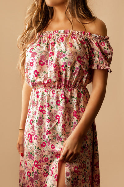 Southern Magnolia Off The Shoulder Floral Maxi Dress (Pink)