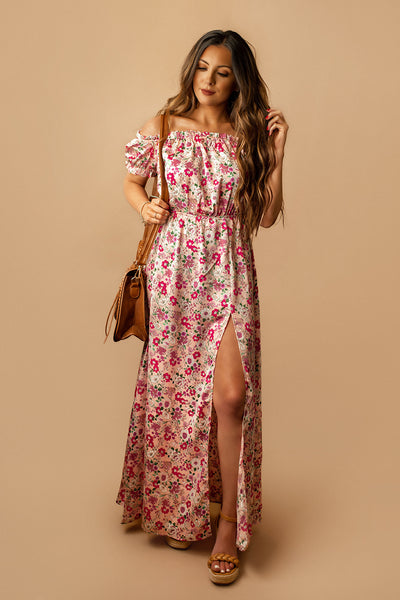 Southern Magnolia Off The Shoulder Floral Maxi Dress (Pink)