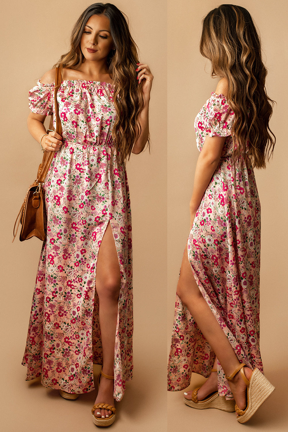 Southern Magnolia Off The Shoulder Floral Maxi Dress (Pink)