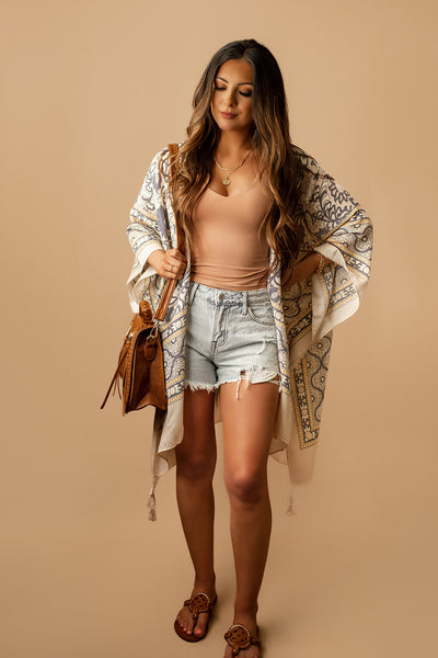 San Pedro Printed Tassel Kimono (Taupe + Blue) | FINAL SALE