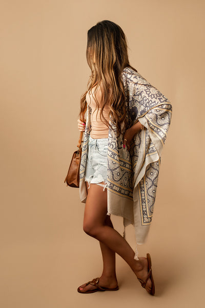 San Pedro Printed Tassel Kimono (Taupe + Blue) | FINAL SALE